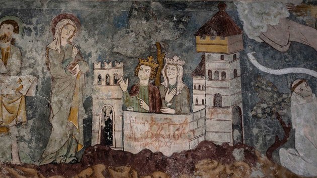 Eine Burg des Mittelalters als Fresko des Waltensburger Meisters in der Kapelle Hl. Maria Magdalena in Dusch Eine Burg des Mittelalters als Fresko des Waltensburger Meisters in der Kapelle Hl. Maria Magdalena in Dusch